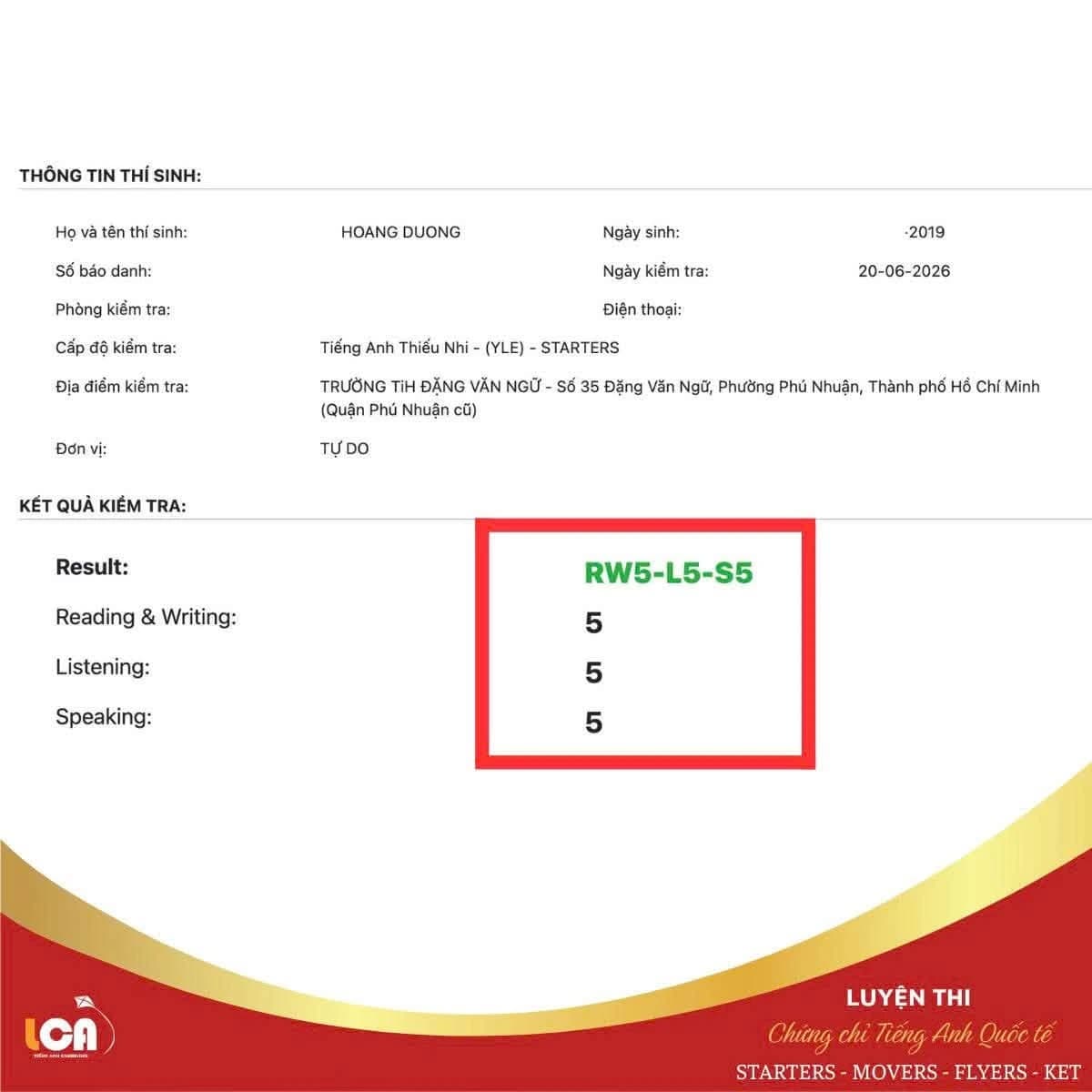 Ảnh kết quả Starters của HOANG DUONG: Reading & Writing 5, Listening 5, Speaking 5