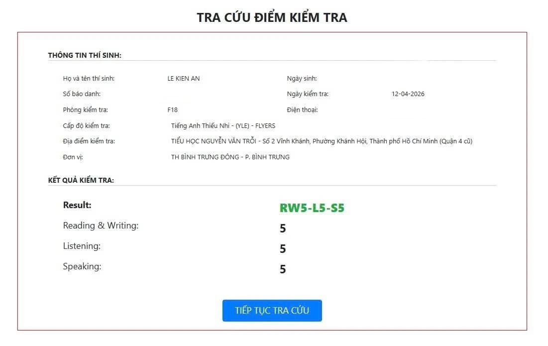 Ảnh kết quả Flyers của LE KIEN AN: Reading & Writing 5, Listening 5, Speaking 5