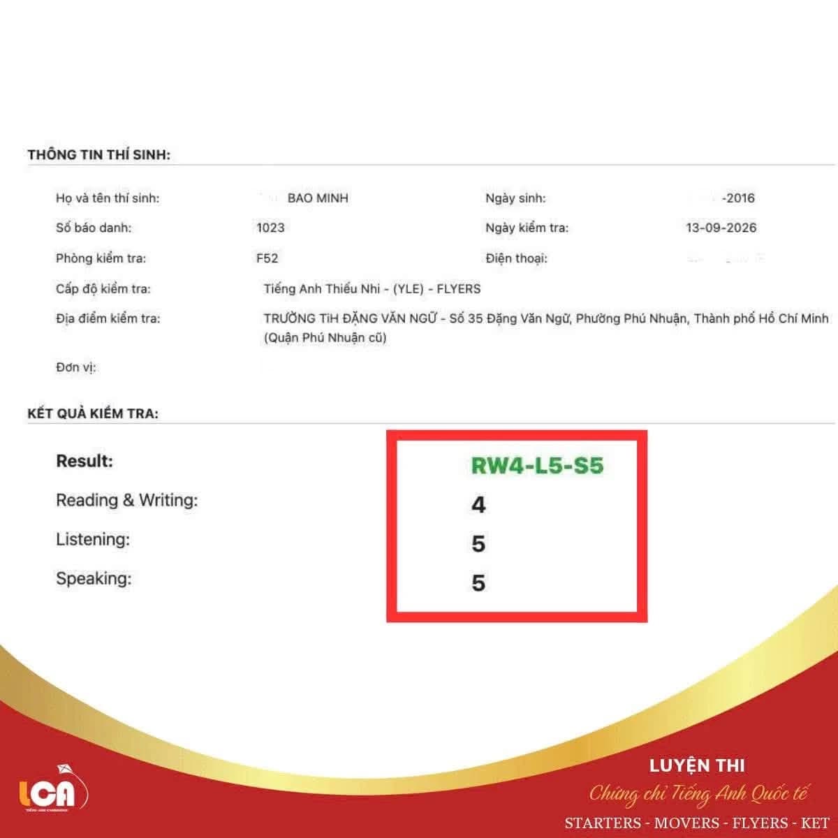 Ảnh kết quả Flyers của BAO MINH: Reading & Writing 4, Listening 5, Speaking 5